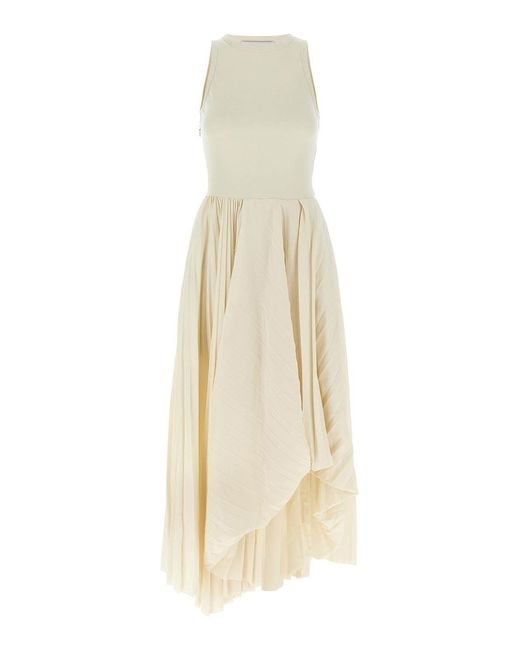 McQueen White Pleated Cotton Jersey Asymmetrical Dress