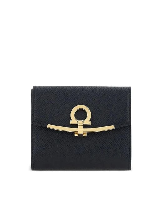 Ferragamo Blue Hammered Leather Gancini Compact Wallet