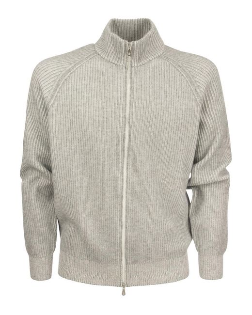 Brunello Cucinelli Gray Fisher's Rib Knitted Cashmere Cardigan for men