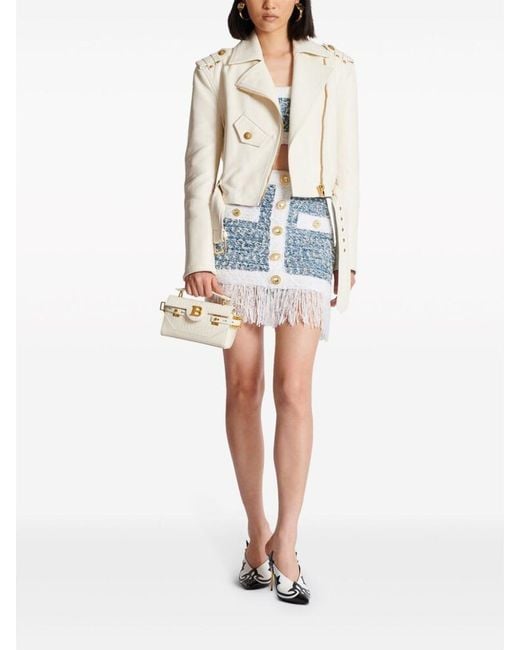 Balmain Blue Fringed Denim Tweed Skirt