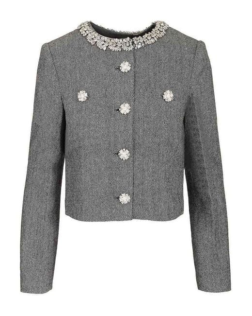 Self-Portrait Gray Herringbone Jacket With Crystal Trim