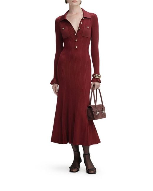 Self-Portrait Red Ribbed Knit Midi Dress
