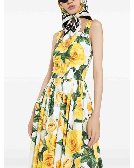 Dolce & Gabbana Yellow Rose-print Midi Dress