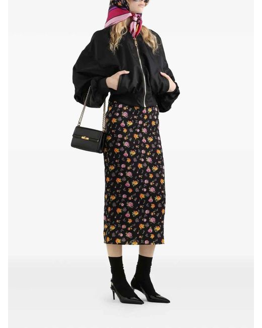 Dolce & Gabbana Black Small Rose Bouquets-Printed Midi Charmeuse Skirt