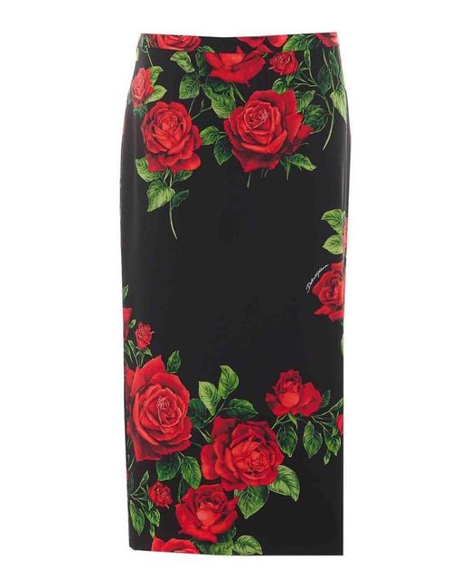 Dolce & Gabbana Red Roses Print Midi Skirt