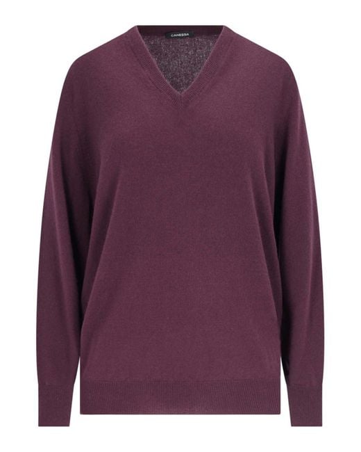 Canessa Purple Ribbed Cashmere V-Neck Sweater