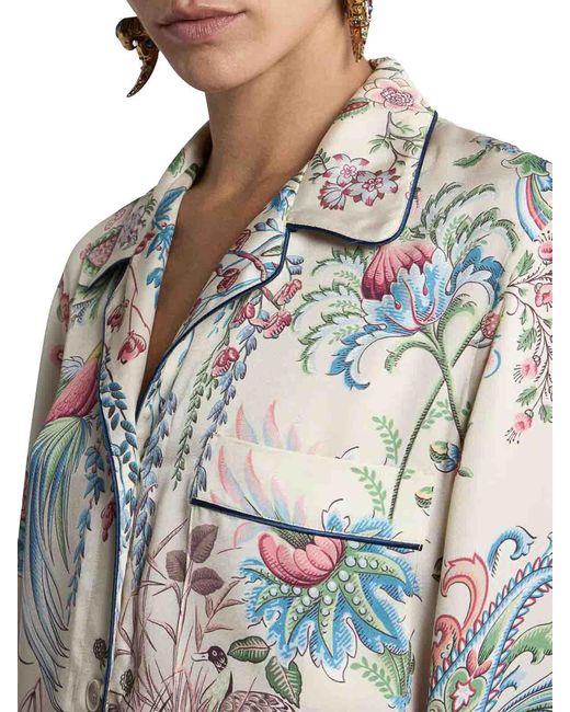 Etro Gray Twill Shirt With Placed Flora And Fauna Print