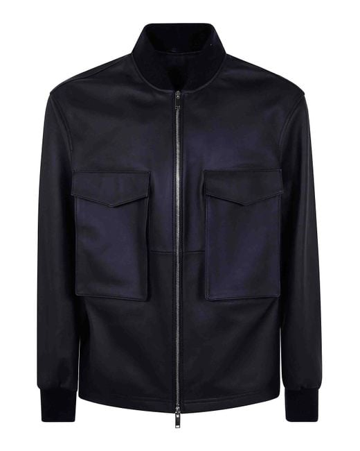 Desa Nineteenseventytwo Blue Leather Patch Pocket Bomber Jacket for men