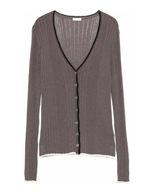 Roberto Collina Gray Contrasting Hem V-Neck Ribbed Cardigan