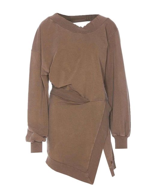 The Attico Brown Asymmetric Hem Wrap Detail Dress