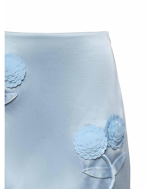 Self-Portrait Blue Satin Mini Skirt With Floral Appliques