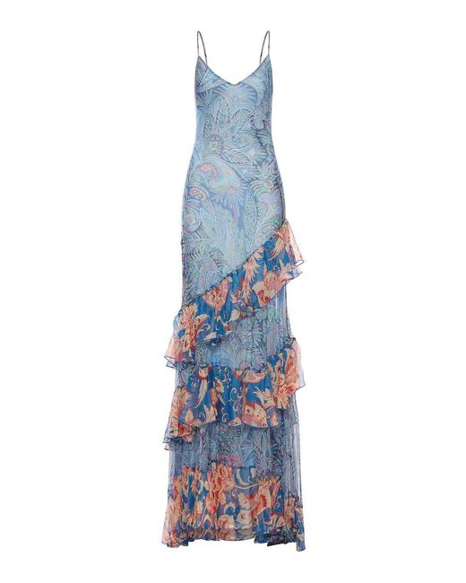 Etro Blue Long Silk Dress With Ruffles And Floral Pattern