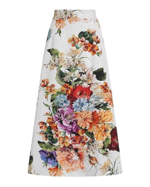Dolce & Gabbana White Flower Bouquet Print Midi Skirt