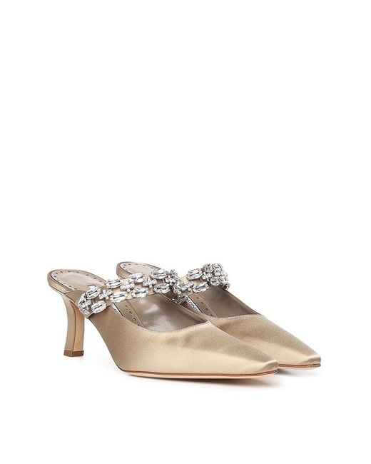Manolo Blahnik White Tamolmu Satin Mules With Crystals