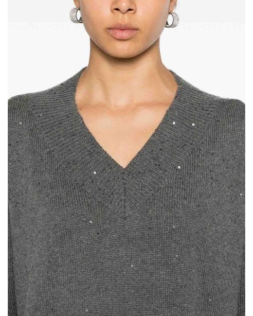 Brunello Cucinelli Gray Long Sleeve V-Neck Sweater