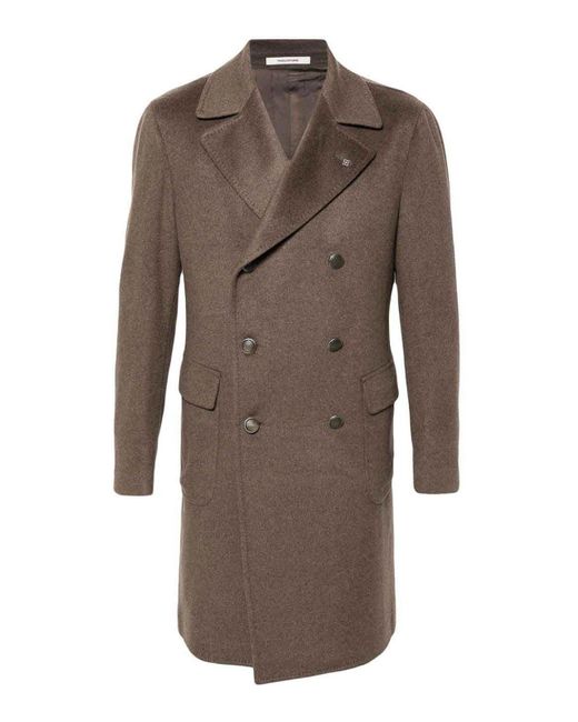 Tagliatore Brown Single-Breasted Cashmere Coat With Brooch for men