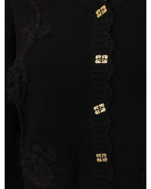 Ganni Black Cotton Cashmere Crochet Applique Cardigan