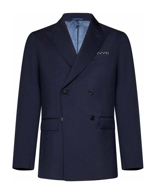 Low Brand Blue Tropical Wool Double-Breasted Blazer for men