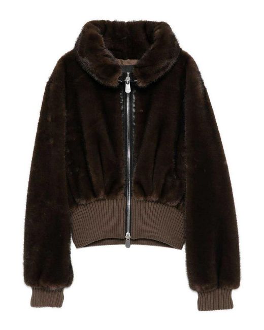 Pinko Black Cropped Jacket With Plush Faux Fur Texture
