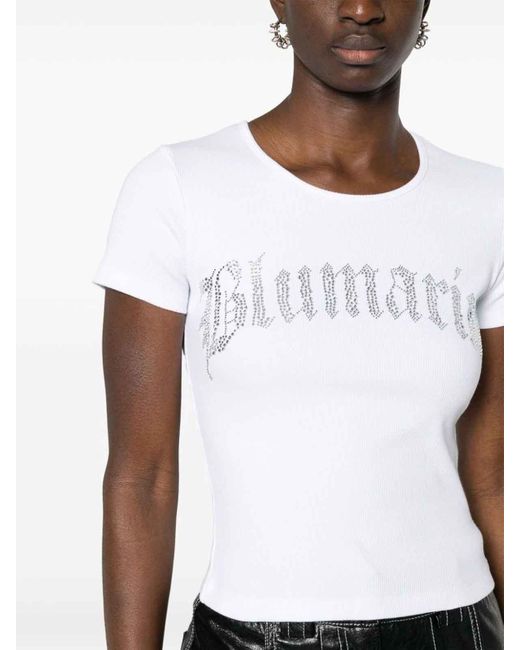 Blumarine White Logo Ribbed Cotton Cropped T-shirt