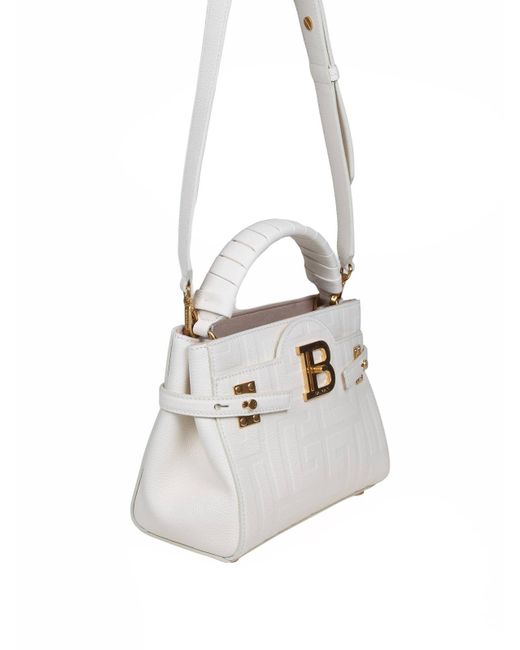 Balmain White Bbuzz Handbag In Monogram Leather