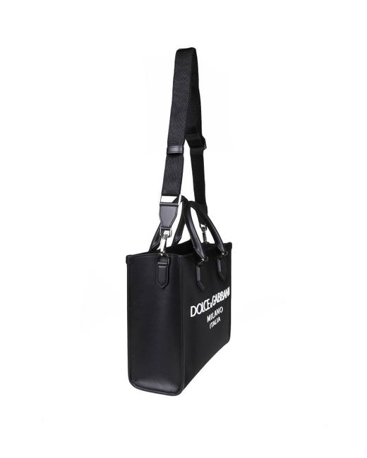 Dolce & Gabbana Black Shopping Bag In Nylon Con Logo Gommato