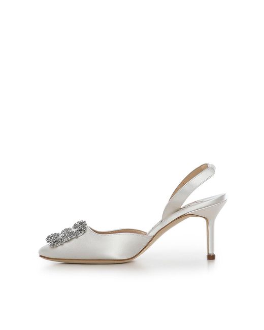 Manolo Blahnik White Hangisli Satin Slingback