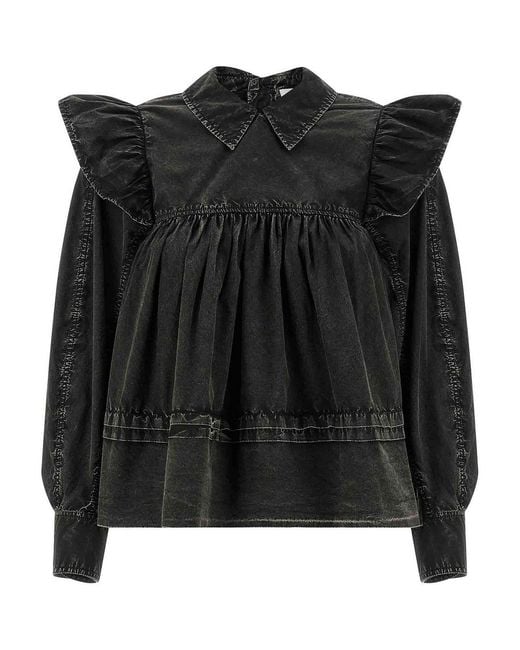 Ganni Black Washed Frill Blouse