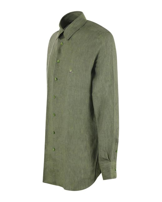 Etro Green Embroidered Logo Linen Shirt for men