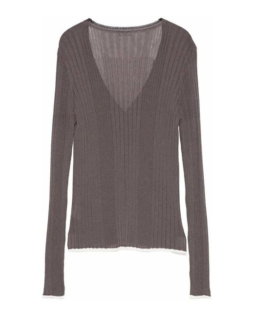 Roberto Collina Gray Contrasting Hem V-Neck Ribbed Cardigan