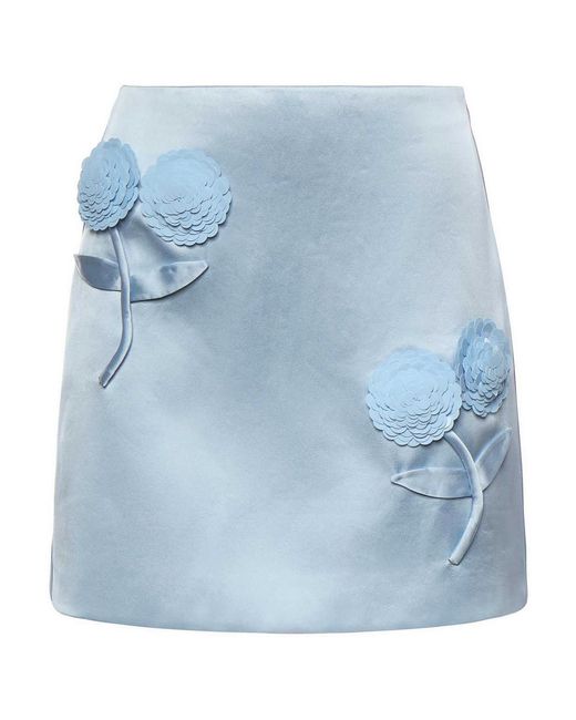 Self-Portrait Blue Satin Mini Skirt With Floral Appliques