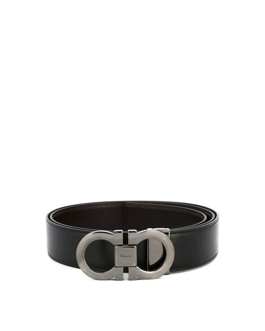 Ferragamo Black Smooth Leather Reversible Gancini Belt for men