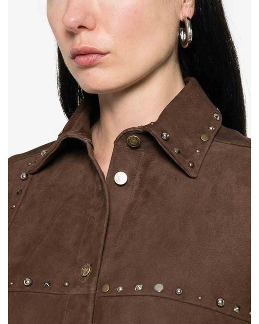 Moschino Brown Suede Shirt Pointed Collar Long Studded Sleeves