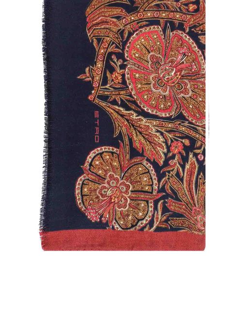Etro Red Cashmere And Silk Scarf With Floral Motif for men