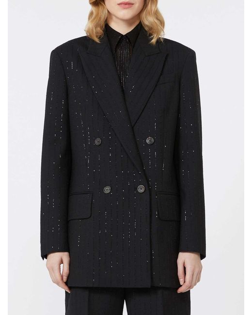 Max Mara Black Double-Breasted Pinstriped Wool Blazer