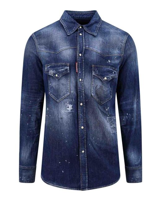 DSquared² Blue Denim Shirt With Bleached Effect for men