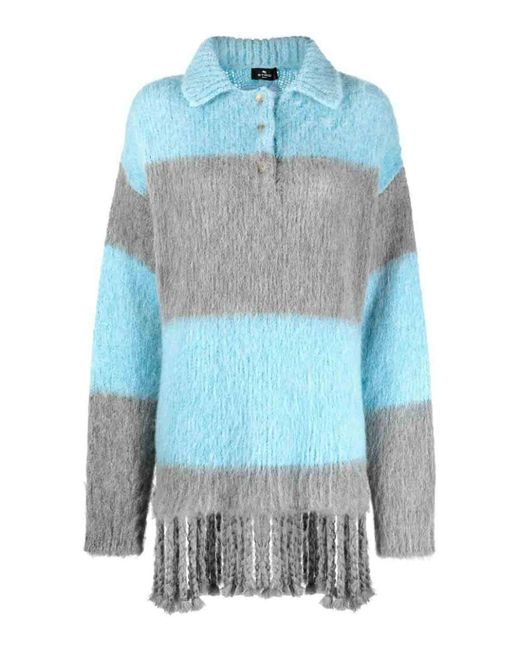 Etro Blue Striped Wool Blend Polo Shirt