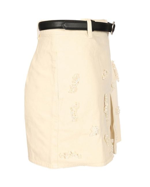 Self-Portrait Natural Beaded Floral Denim Mini Skirt