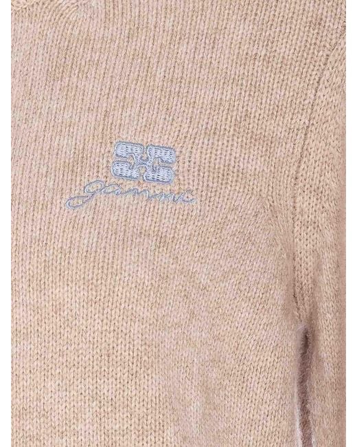 Ganni Natural Knitwear With Long Sleeves And V-Neck