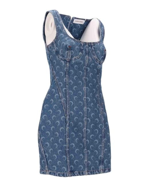 MARINE SERRE Blue Moon Laser Denim Bustier Dress