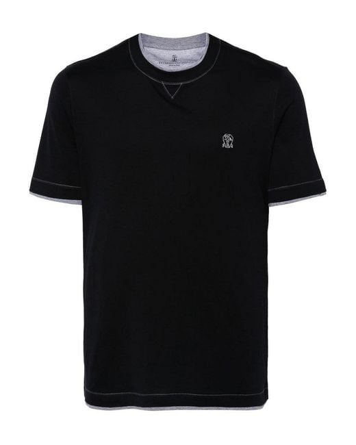 Brunello Cucinelli Black Textured Logo Crew Neck T-Shirt for men