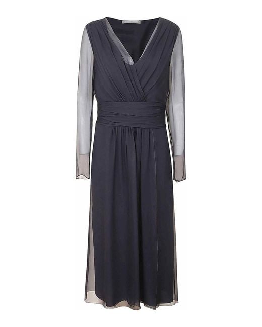 Alberta Ferretti Blue Midi Dress With Deep V-Neckline And Sheer Sleeves