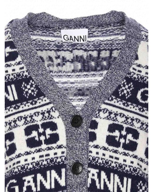 Ganni Blue Logo Wool Mix Cardigan