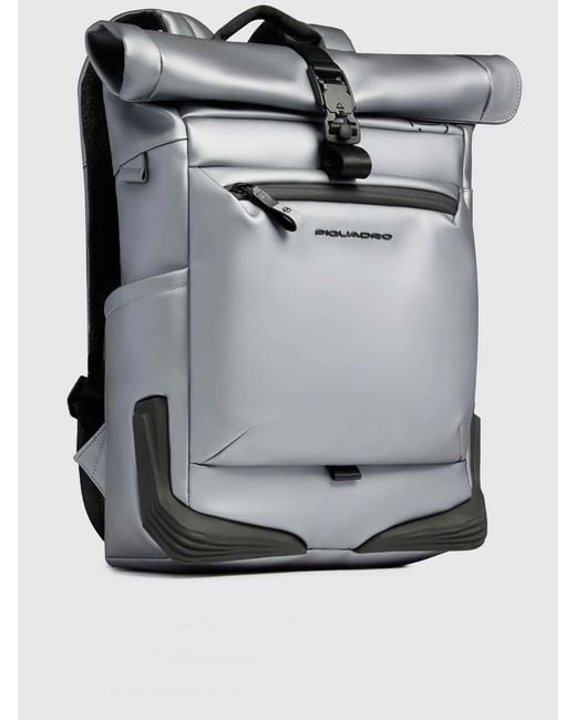 Piquadro Gray Fabric Roll-Top Backpack