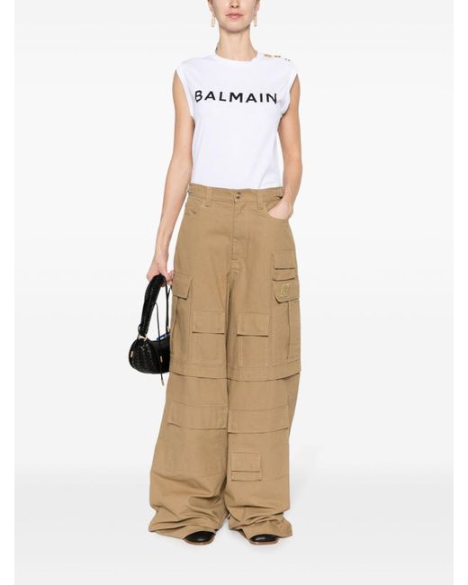 Balmain White Optical Button Shoulder Logo T-shirt