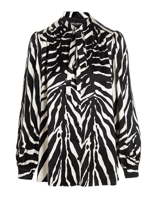 Dolce & Gabbana Black Zebra-Printed Satin Pussy-Bow Shirt
