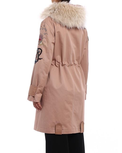 Valentino Garavani Pink Fur Trim Tattoo Embroidered Parka