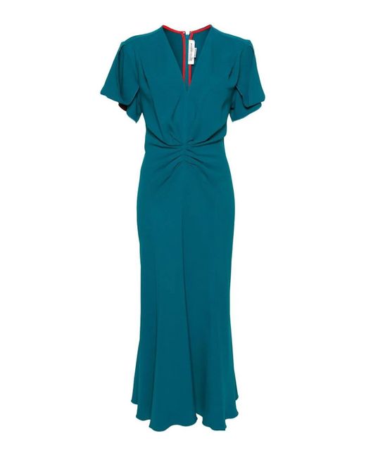 Victoria Beckham Blue Gathered V-neck Midi Dress
