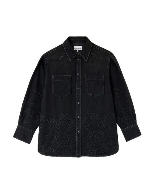 Ganni Blue Broderie Anglaise Denim Loose Shirt
