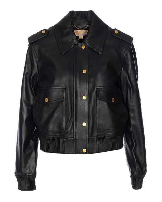 Michael Kors Black Leather Jacket With Epaulettes